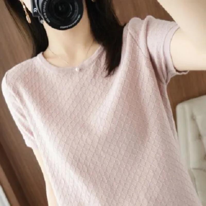 Women s Crew Neck Short Sleeve T-Shirt Rhombus Jacquard Solid Color Loose Casual Basic Top S