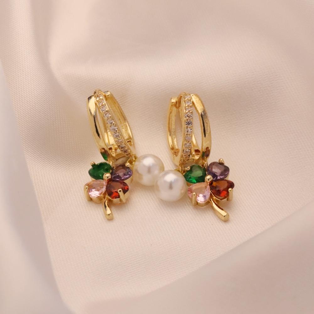 1 Pair Fashion Colorful Four-leaf Clover Zirconia with Imitation Pearls Dangle Earrings for Women Golden Earring Jewelry Wedding Party Accessories