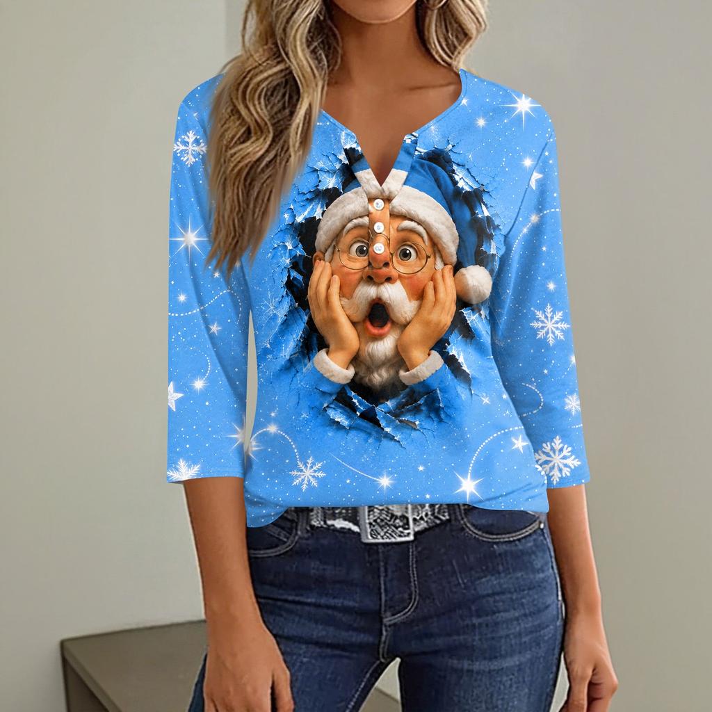 Women's Fashion Casual Christmas Print V-Neck 3/4 Sleeve Button T-Shirt Top