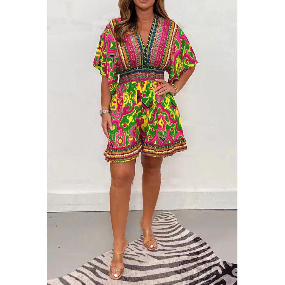 

Women s Short Sleeve V-Neck Printed Jumpsuit