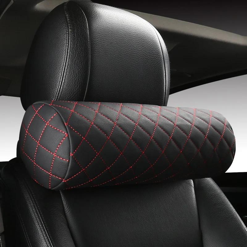 Luxury Car Seat Neck Pillow Headrest Leather Memory Foam Breathable Cervical Cylindrical Pillow Office Chair Headrest Protector
