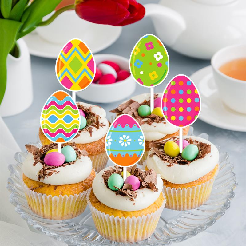 12/24pcs colorful Easter Eggs Cupcake Toppers Spring Eggs paper cake Picks Easter Day Cake Decorations Easter Theme supplies