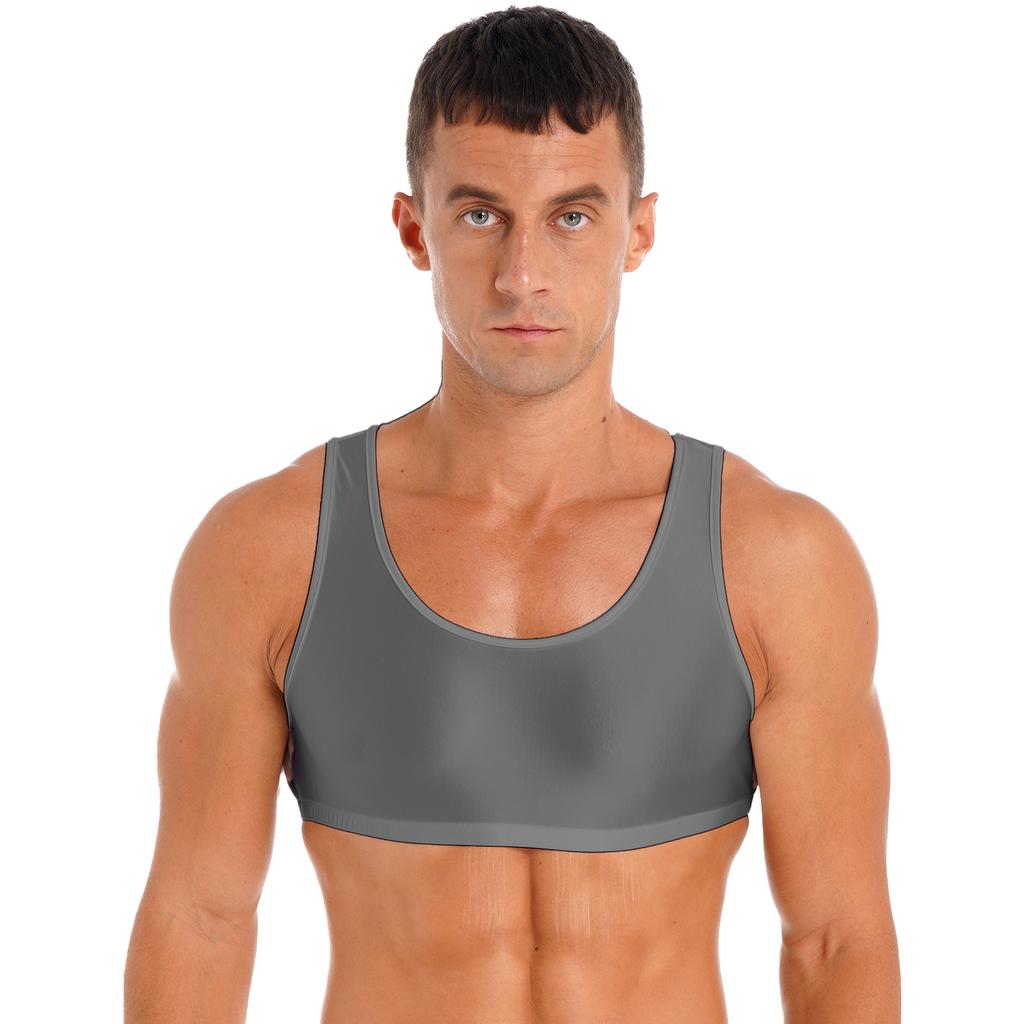 Mens Glossy Vest Cropped Tank Top Sleeveless Design Round Neck Solid Color Swimwear Nightwear Tops