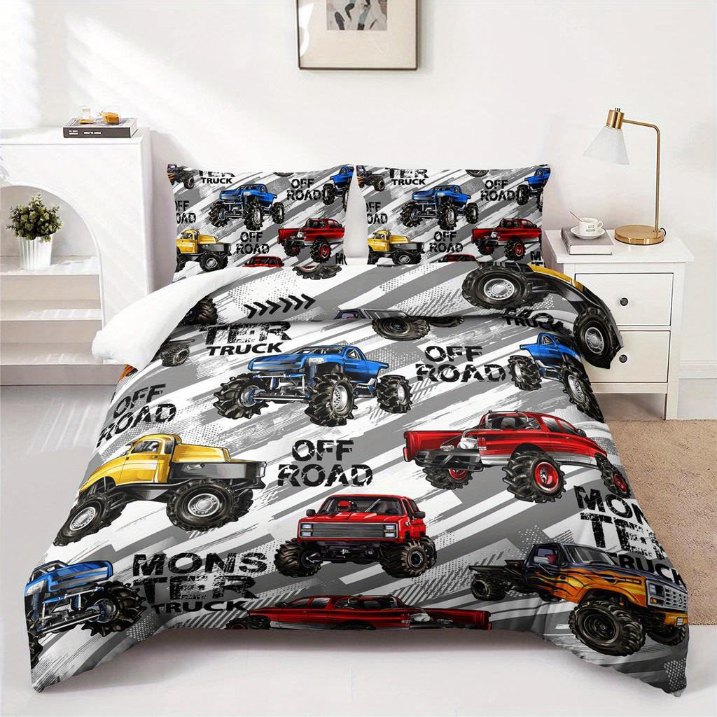 3pcs Monster Truck Bedding Duvet Cover Set Monster Truck Bedding Quilt Set Monster Truck Themed Bed Set Off Road Monster Truck