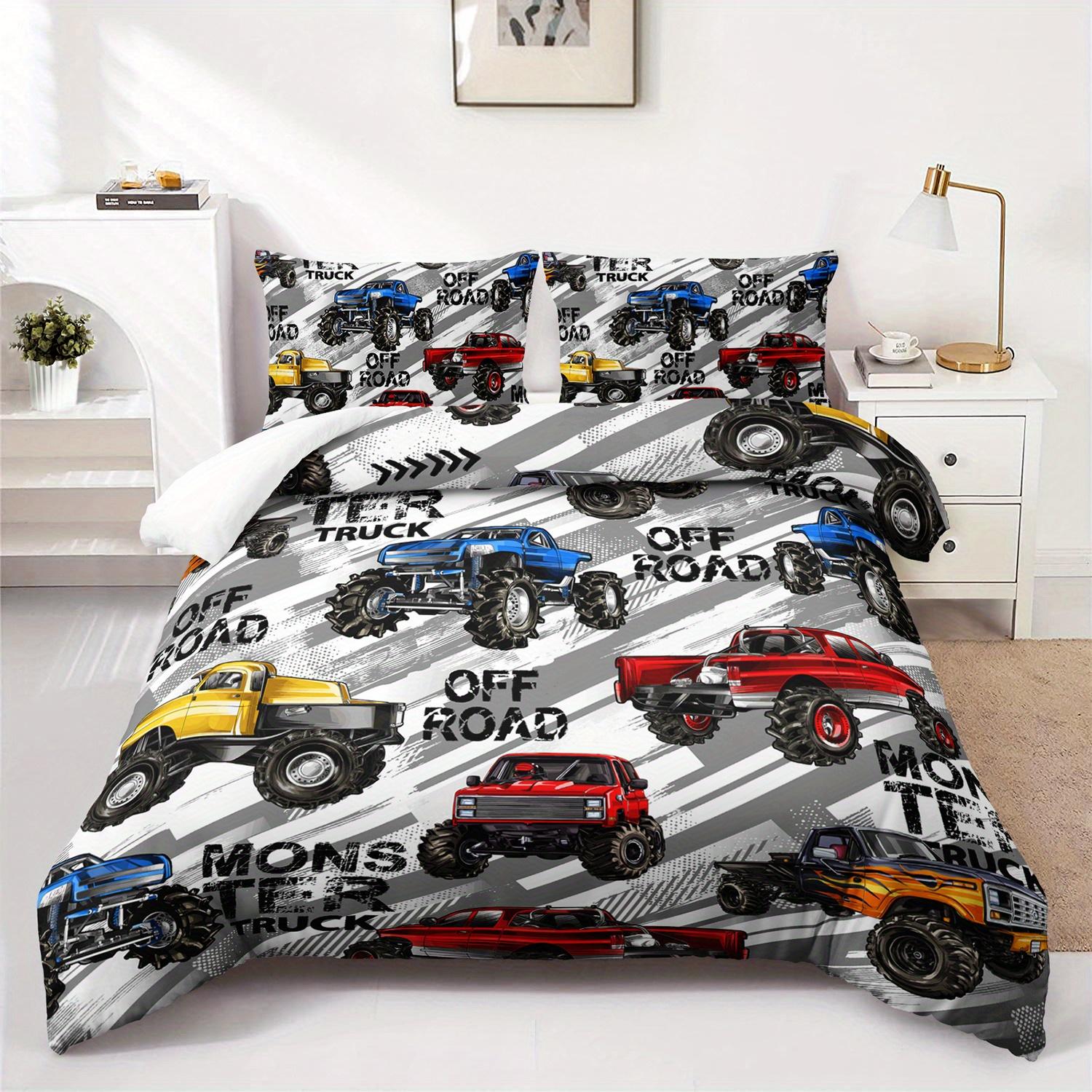 3pcs Monster Truck Bedding Duvet Cover Set Monster Truck Bedding Quilt Set Monster Truck Themed Bed Set Off Road Monster Truck (135x200cm)