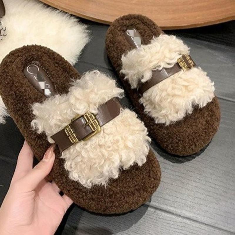 Thick-soled outer slippers women's new autumn and winter fluffy belt buckle fashion home cotton slippers