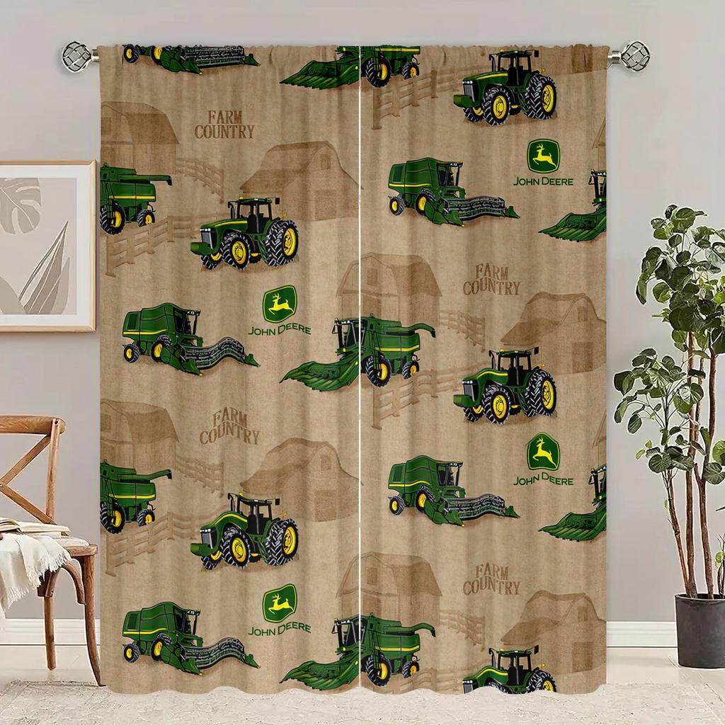 2 Stück – Cartoon-Bulldozer – bedruckter Vorhang – Polyestermaterial – geeignet für Schlafzimmer, Wohnzimmer, Arbeitszimmer, Sichtschutzvorhang