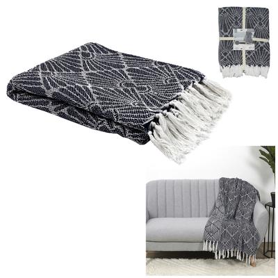 [A3529] - Geometric Navy 'Boho' Cotton Jacquard Throw - 120x150 Cm