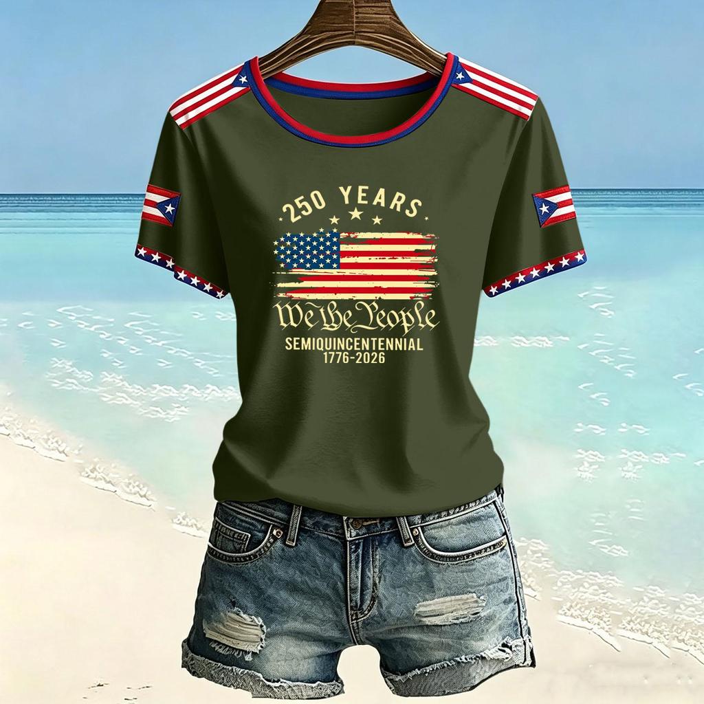Womens Short Sleeve Crew Neck T Shirt Semiquincentennial 250 Years We the Flag Print Casual Top