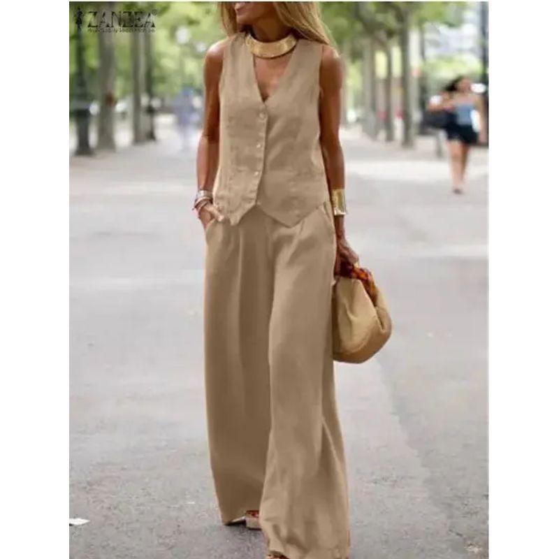 European and American Women clothes 2025 New Fashion Solid Set Vest Trousers Collage Patchwork Casual Two-piece Set Women