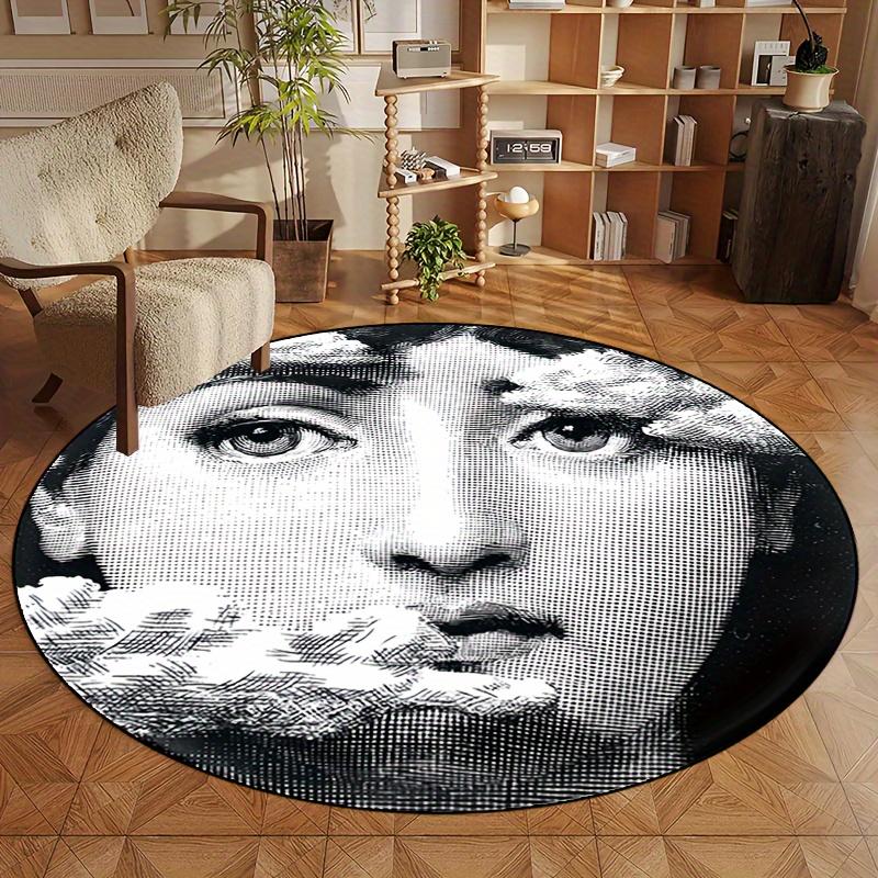 

Black White Surrealist Portrait Round Area Rug Non Slip Machine Washable Entryway Living Room Bedroom Patio Decor Carpet Diameter 60cm
