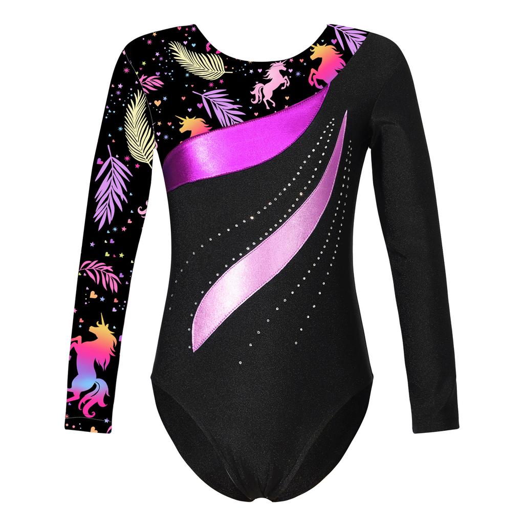 Girls Shiny Rhinestone Leotard Long Sleeve Round Neck Bronzing Fabric Pattern Print Performance Bodysuit