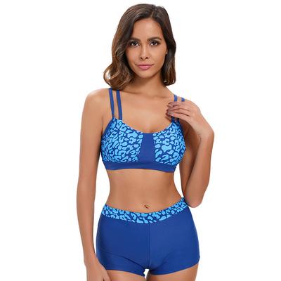Women's Nylon Two-Piece Swimwear Set with Leopard Print Top & High-Waisted Shorts – Criss-Cross Back Design for Beach and Pool