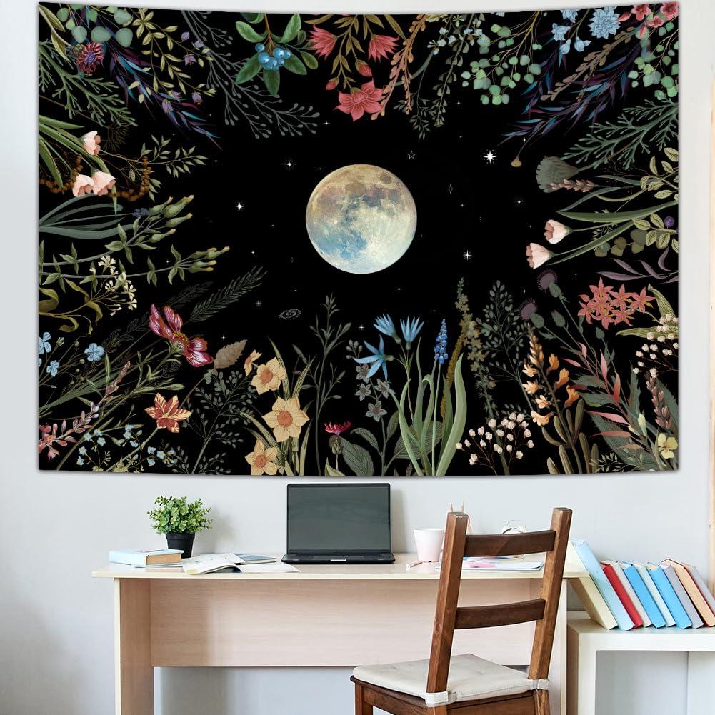 VIKAMA Moonlit Garden Tapestry Dark Forest Floral  Full Moon Wall Hanging for Bedroom Living Room Homestay Decor
