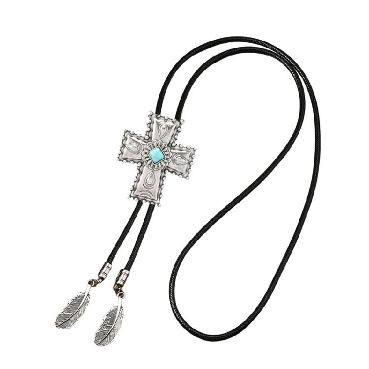 Men Women Western Cowboy Bolo Tie Vintage Floral Stone Pendant Jewelry Leather Rope Necktie Tie Metal Feathered Necklace