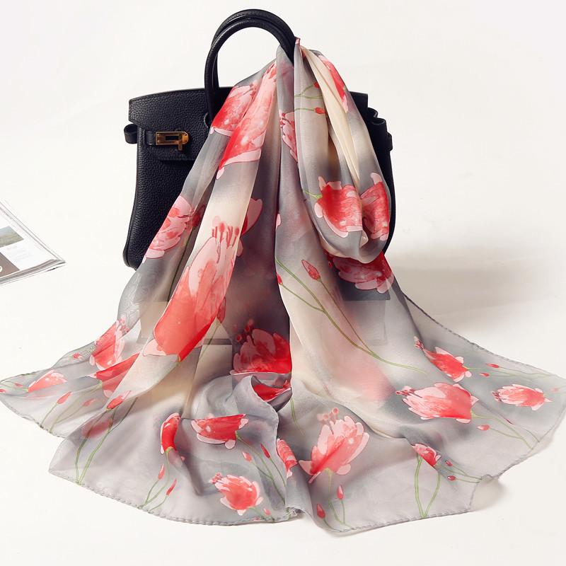 Chiffon Lotus Print Long Scarf - Lightweight, Thin Spring/Autumn Silk Accessory for Middle-Aged & Elderly