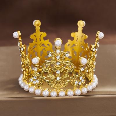 Alloy Children Round Pearl Crown Flower Decoration Baking Ornament Birthday Party Dress Up Crown