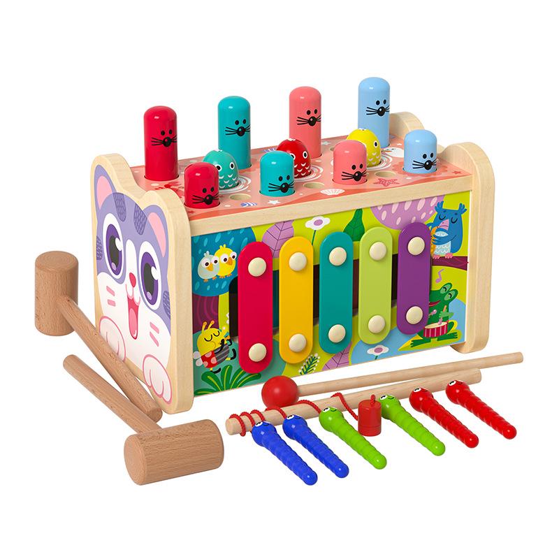 

Montessori Baby 5-in-1 Early Education Toy: Cute Cat Whack-a-Mole, Worm Catcher, Piano, Color Recognition, Knock Game.