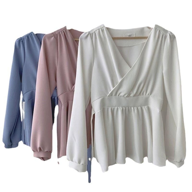 Spring Autumn Temperament White V-neck Chiffon Shirt Women Long Sleeve Waist Lace Up Pullover Blouse Top