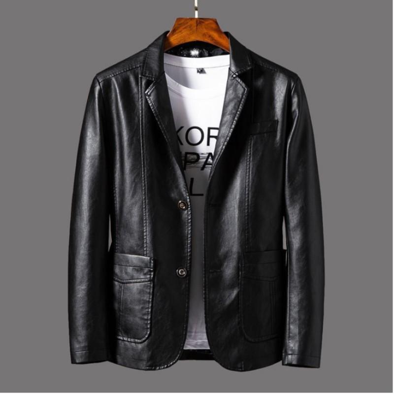 Men's Autumn Business Slim-Fit Suit Collar Leather Jacket Youth Round Hem Single-Breasted Motorcycle Jacket