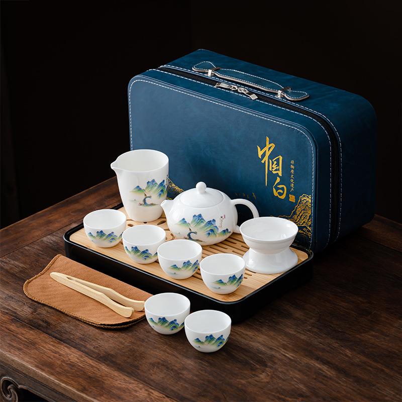 Suet Jade White Porcelain Tea Set Guochao Set Office Storage Kung Fu Tea Set Business Gift Tea Set