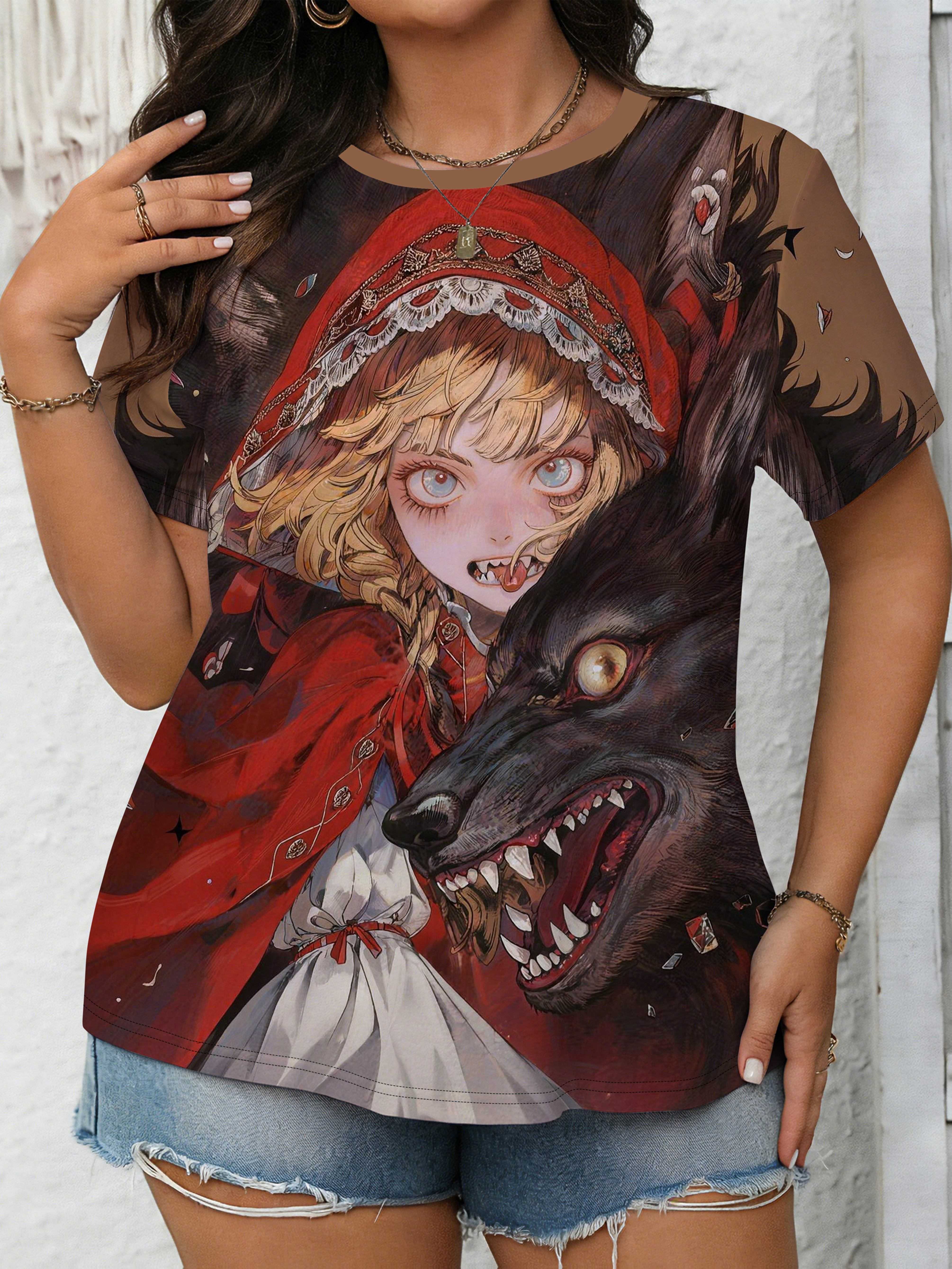 

Women s Gothic Dark Fantasy T-Shirt - Little Red Riding Hood ; Wolf Print Short Sleeve Top. BrownBlack Suitable for Casual Attire. Casual Outfits. The XL дубильная кора