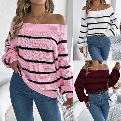 Herbst Winter Lässig Gestreift Schulterfrei Laternenärmel Pullover Pullover Damenbekleidung