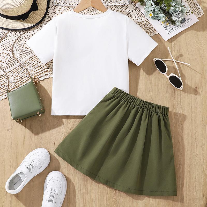 Girls' Casual Suit Summer Children Sweet Short Sleeve Top Pleated Skirt Two-piece Suit