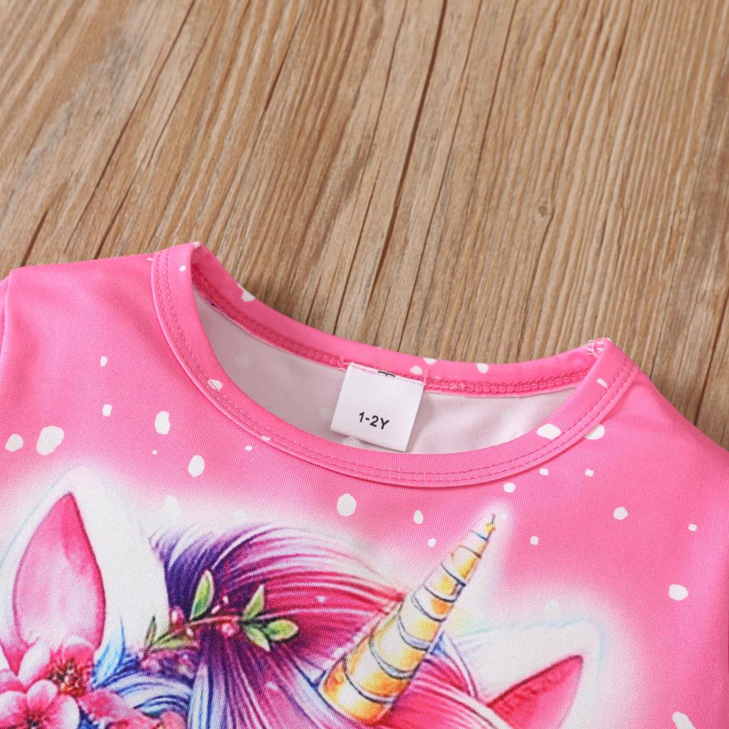 Kids Girls Fashion Clothing Set Spring Autumn Tie Dye Printed Cartoon Pegasus Pullover Flower Flared Pants Two Piece Outfit