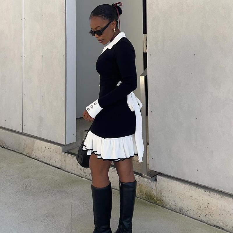 Ruffle Splice Knitwear Dress Women Elegant Bandage Bow Backless Mini Dresses Femme Holiday Long Sleeve Contrast Cardigan Lace Up Vacation Knit Dress