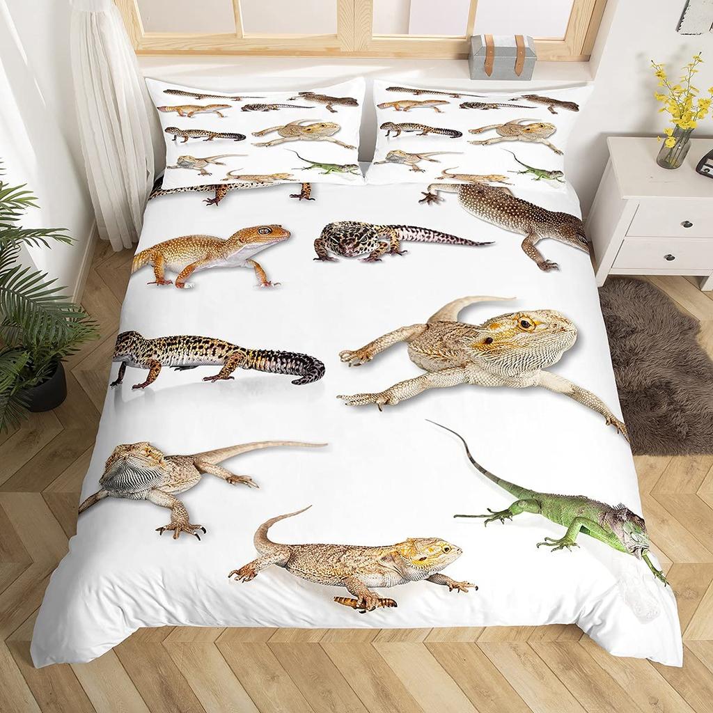 Lizard Duvet Cover Set Reptile Bedding Sets King Size for Boys Girls Toad Tropical Animal Purple Floral Exotic Comforter Cover
