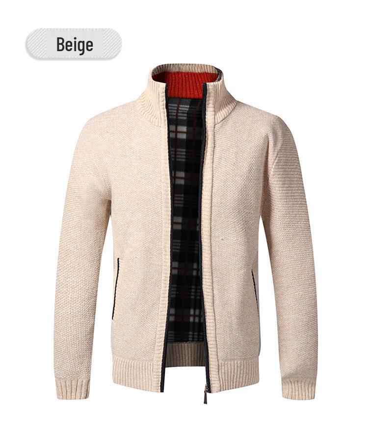 Chunky Knit Fleece-Lined Zipper Cardigan: Stand Collar Winter Sweater