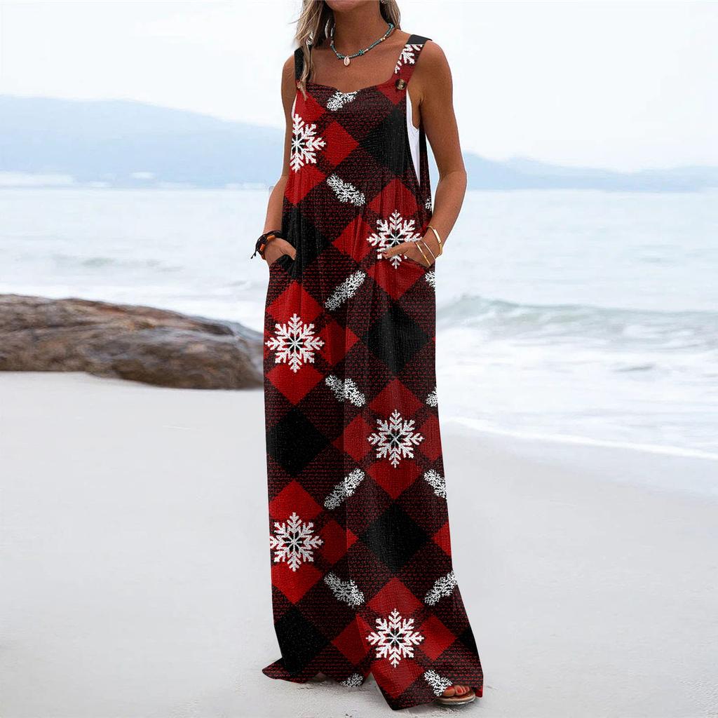 Women's Christmas Print Solid Wide Leg Strapless Tank Pocket Casual Onesie