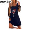IHUASU Women's Fashion Spring Autumn Solid Color Print Long Sleeve U-Neck High Waist Casual Dresses