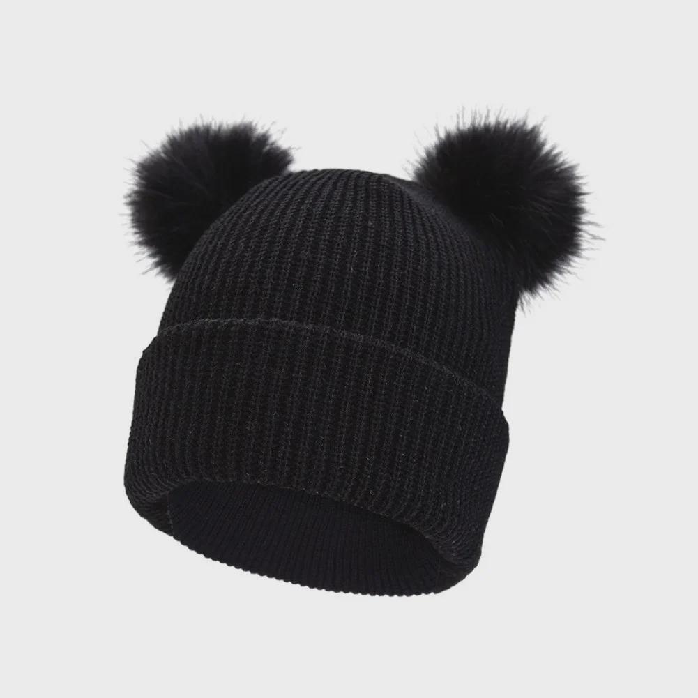 

Детская шерстяная вязаная шапка с двойными помпонами - Однотонная теплая осенне-зимняя шапка-пуловер