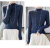 Jersey de Punto de Manga Larga Ajustado para Mujer con Cuello Alto - Color Sólido, Alta Elasticidad, Capa Base Otoño/Invierno.