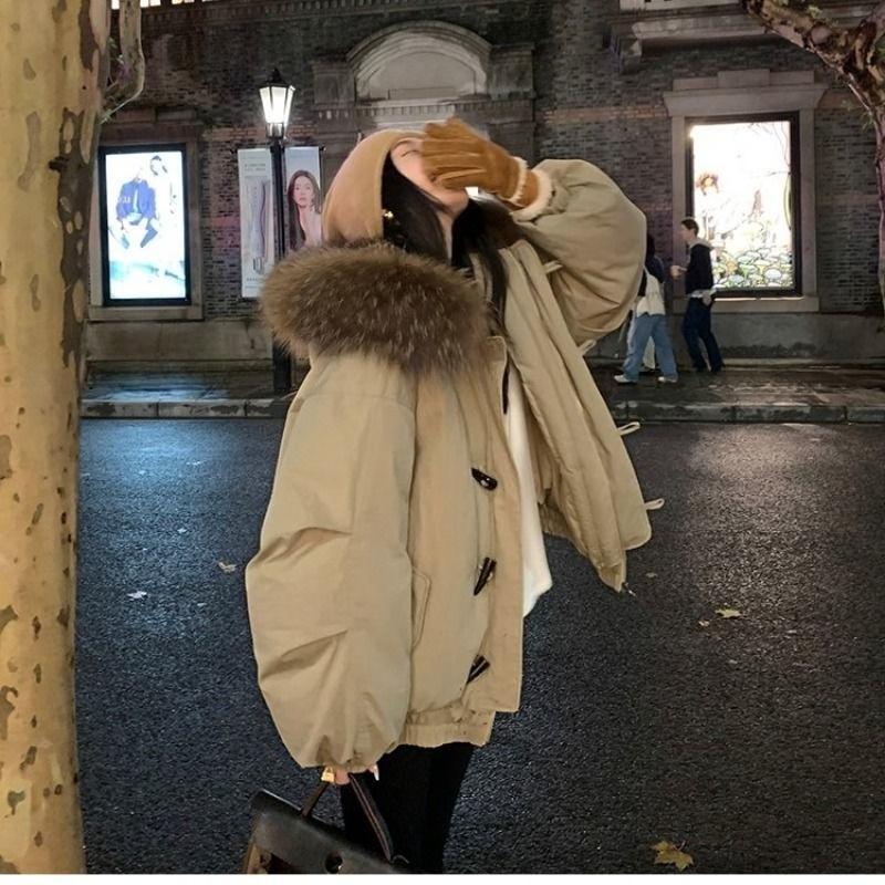 Winter Warm Hooded Coat Retro American Style Thickened Down Jacket with Fur Collar