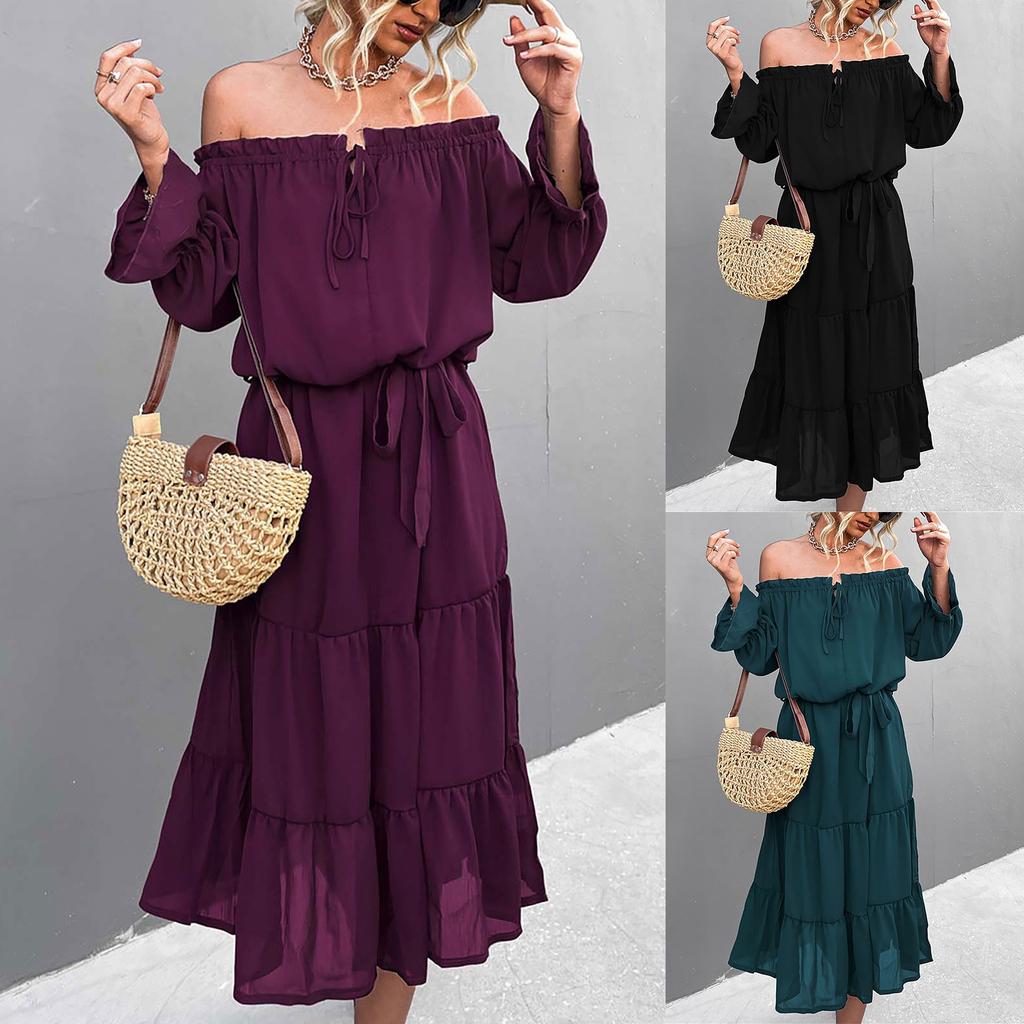 Women's Sexy Off Shoulder Lace-Up Long Sleeve Dress Midi Dress