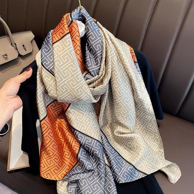 Luxury Brand Silk Scarf Women Large Shawls Hijab Design Stitching Striped Arrow Imitation Silk Sunscreen Outdoor Beach Towel