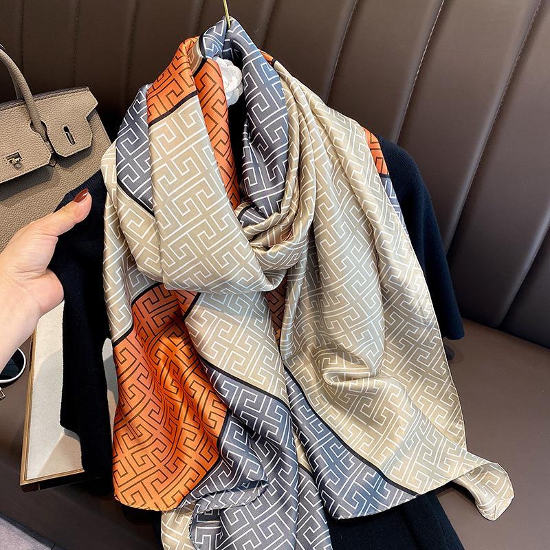 Luxury Brand Silk Scarf Women Large Shawls Hijab Design Stitching striped arrow imitation silk sunscreen outdoor beach towel