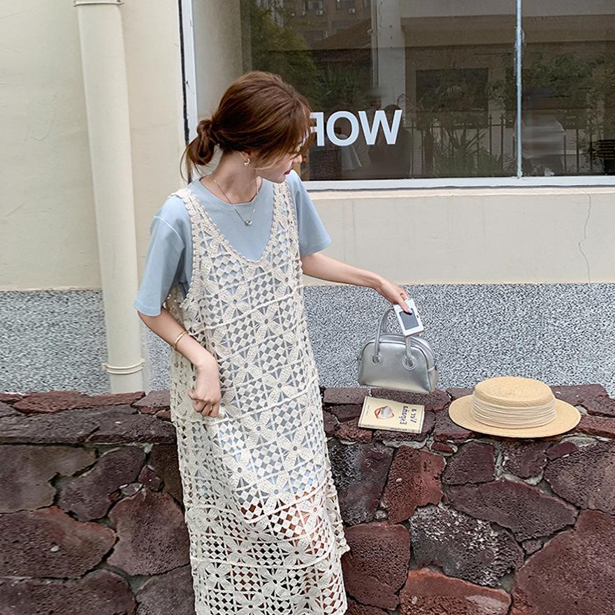 Lace Hollow Blouse Vest Skirt Casual and Thin T-shirt Skirt Women's Summer New Two-piece Dress