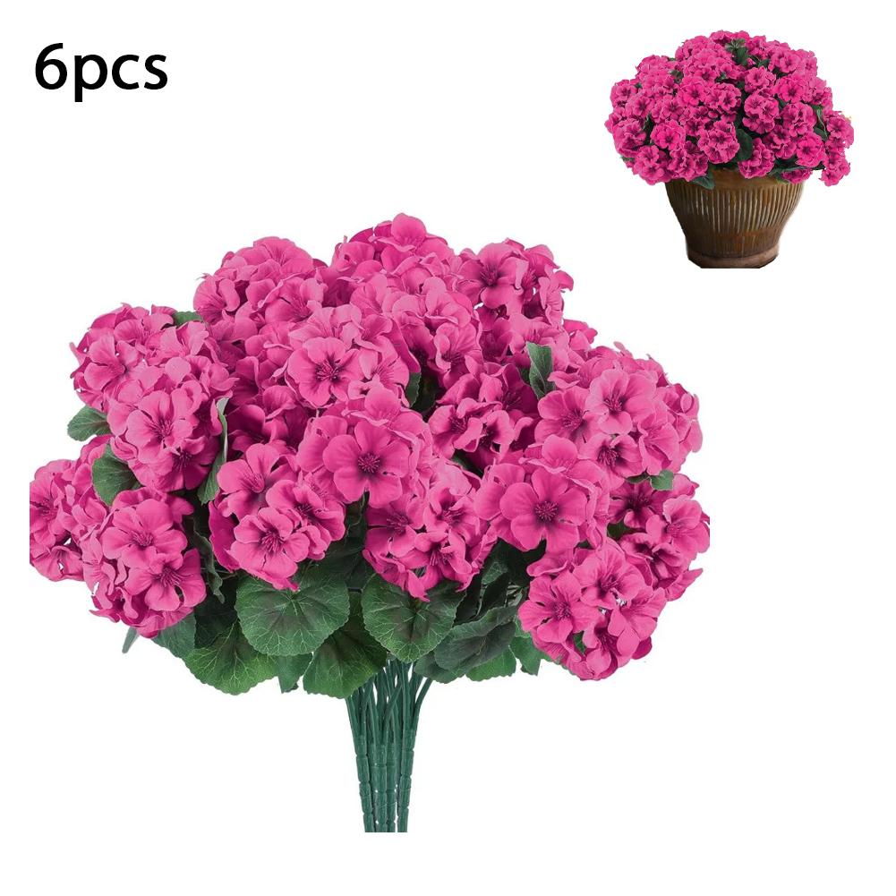 

6Pcs Artificial Geranium Flower with Green Leaves Realistic UV Resistant Fake Silk Flower Garden Patio Balcony Decoration рожевий червоний колір
