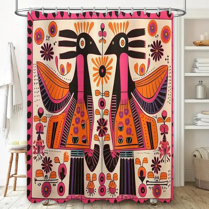 Vibrant Folk Art Shower Curtain - Colorful Bird & Floral Designs for Unique Bathroom Décor, Waterproof, Easy Care & Joyful
