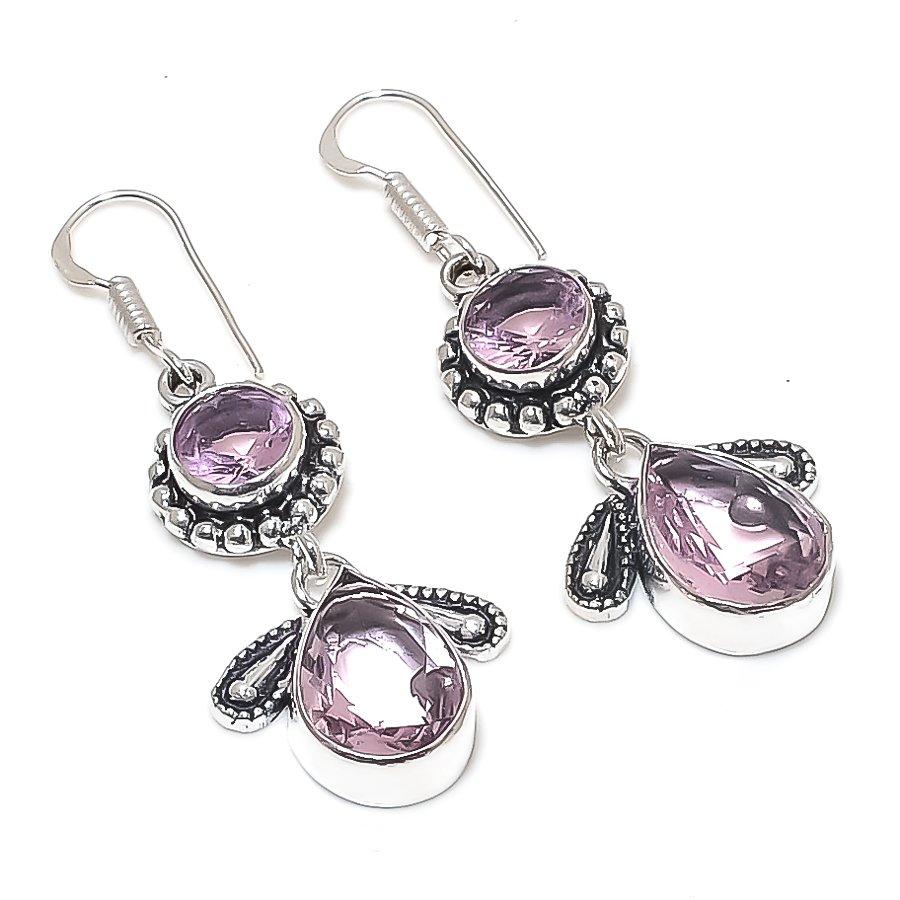 Natural Pink Kunzite Gemstone Handmade 925 Sterling Silver Earring 1.97" I0u50