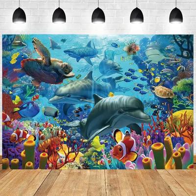 Underwater World Seabed Birthday Backdrop Ocean Dolphin Marine Coral Fishes Photography Baby Shower SuppliesTapestry