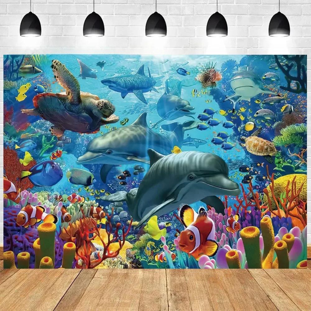 Underwater World Seabed Birthday Backdrop  Ocean Dolphin Marine Coral  Fishes Photography Baby Shower SuppliesTapestry 74x94cm(29x37in)