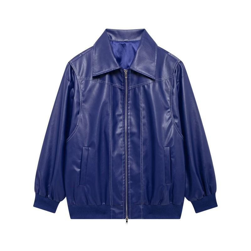 Womens Vintage Stand Collar Loose Streetwear Faux Leather Jacket Winter