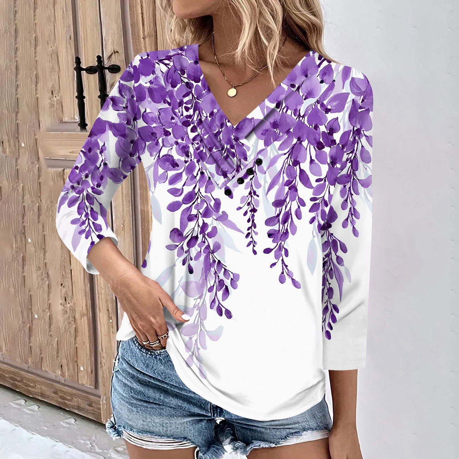 Женские повседневные футболки с рукавом 3/4 для выходных с V-образным вырезом и принтом — фото 9