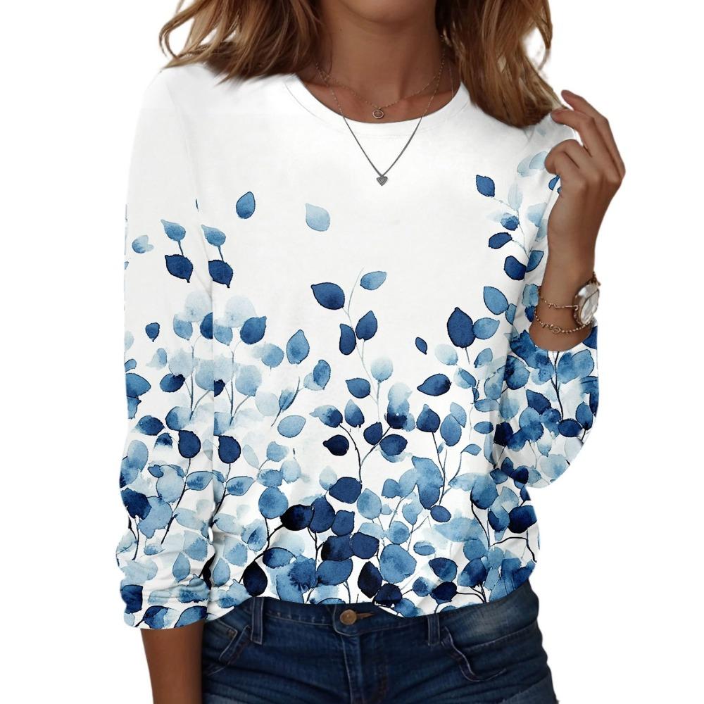 Women Fashionable Casual Long Sleeved Round Neck Floral Graphic Top Basic Design Loose And Comfortable Pullover