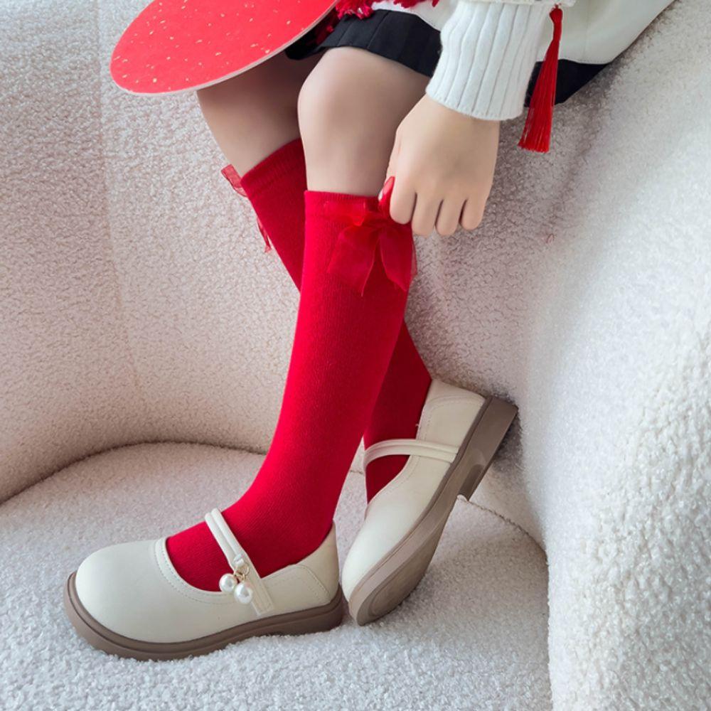 MidTube Bow Hosiery for Kids Cotton Children Long Socks Sleeping New Year Red Socks  Autumn